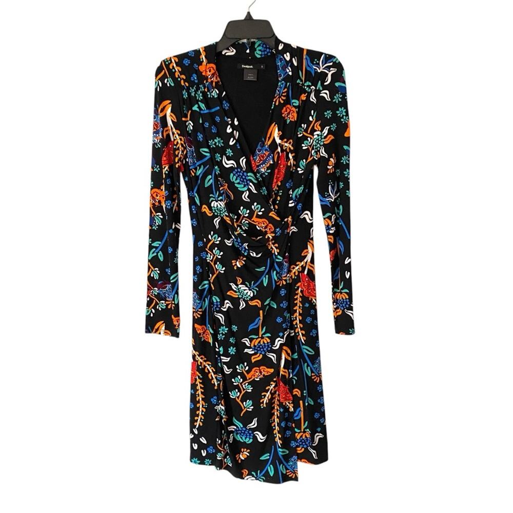 Desigual Black Butterfly Print Mock Faux Wrap Dress size small